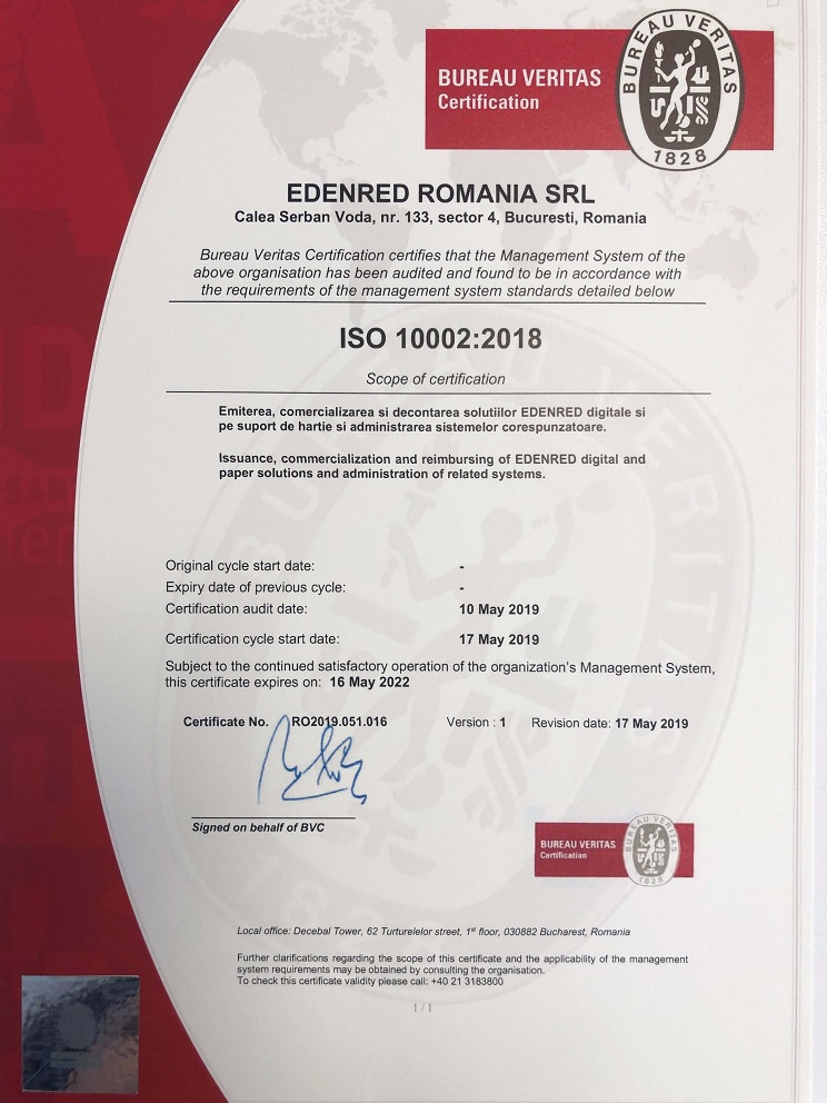 certificat ISO 10002 2018